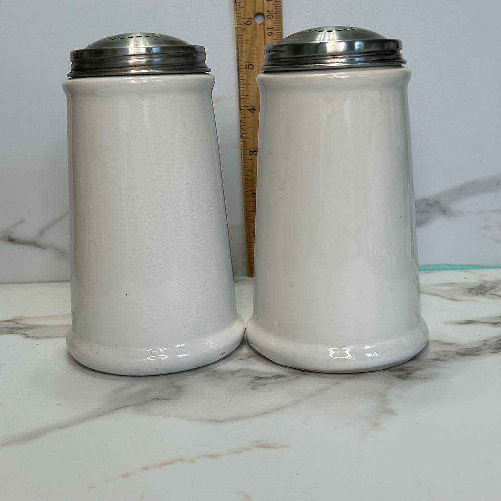 Royal Cuisine China Salt and Pepper Shakers White Ceramic Stainless Steel Lids - Picture 3 of 9